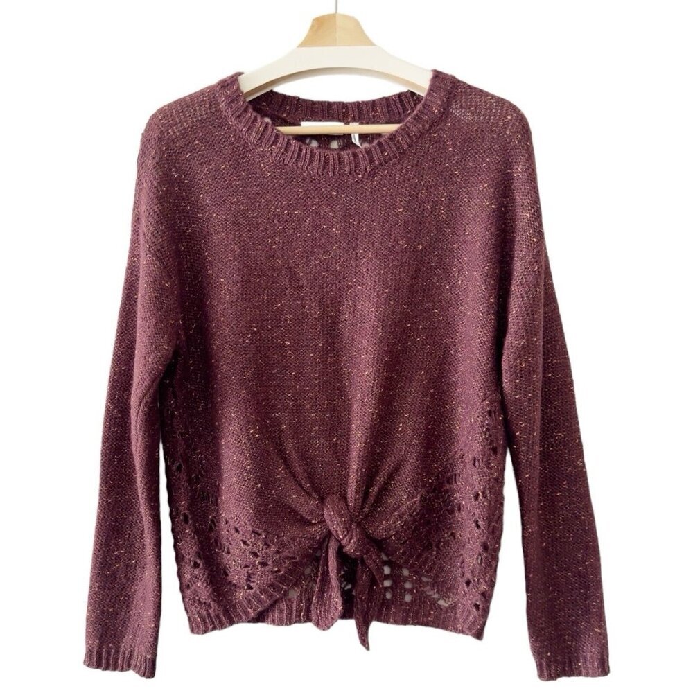 LUQ Marled Burgundy Sweater Top Womens Medium Crochet Tie Waist‎ Boho Woven